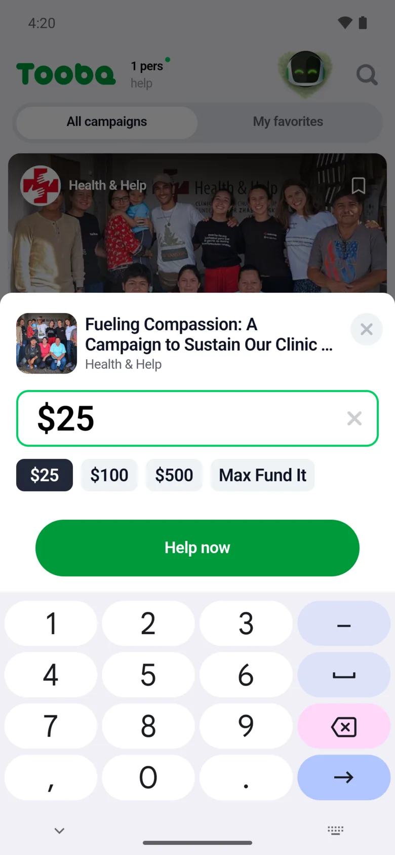 Choosing a donation amount in the Tooba app